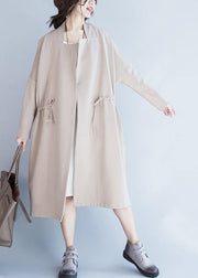 Handmade beige Fashion tunic coats design Notched drawstring fall women coats - SooLinen