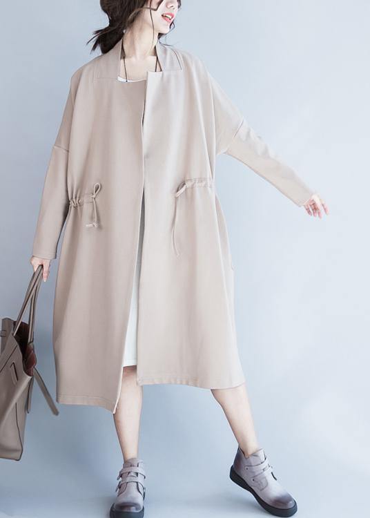 Handmade beige Fashion tunic coats design Notched drawstring fall women coats - SooLinen