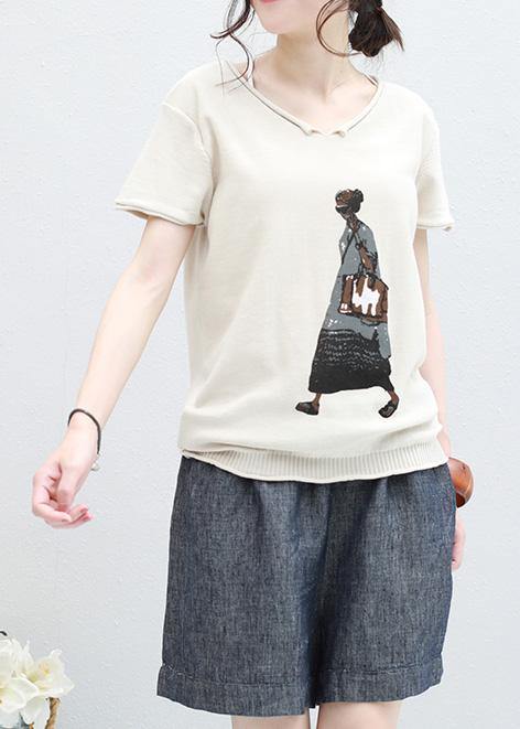 Handmade beige v neck cotton clothes For Women tunic Cartoon print shirt - SooLinen