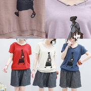 Handmade beige v neck cotton clothes For Women tunic Cartoon print shirt - SooLinen