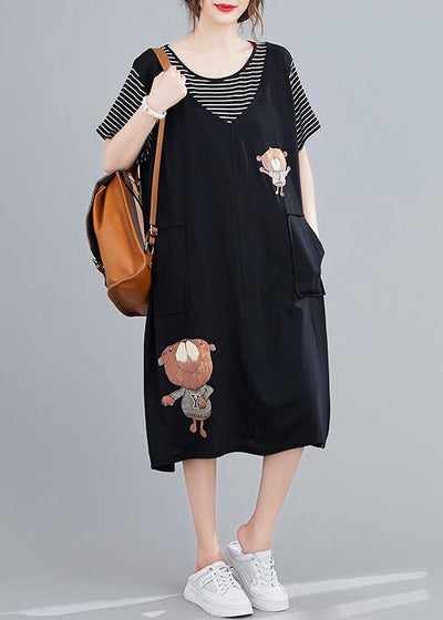 Handmade black Cartoon cotton tunics for women false two pieces Art summer Dresses - SooLinen