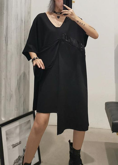 Handmade black Cotton clothes v neck Sequined tunic summer Dress - SooLinen