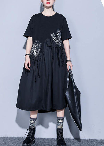 Handmade black Cotton o neck asymmetric Midi summer Dress - SooLinen