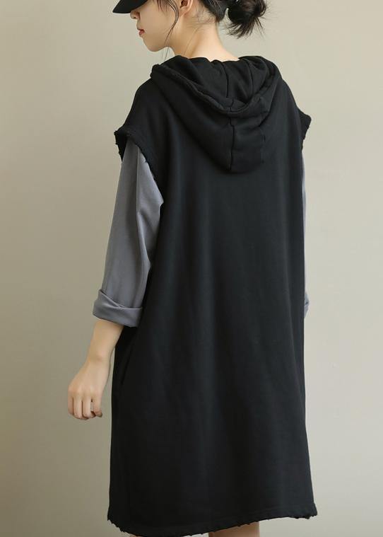 Handmade black Tunics hooded pockets Art fall Dresses - SooLinen