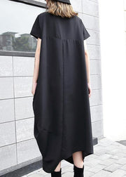 Handmade black asymmetric cotton Long Shirts zippered long summer Dress - SooLinen