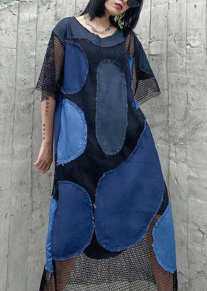 Handmade blue clothes patchwork tulle A Line Dress - SooLinen