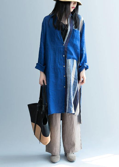 Handmade blue patchwork striped lapel Dress - SooLinen