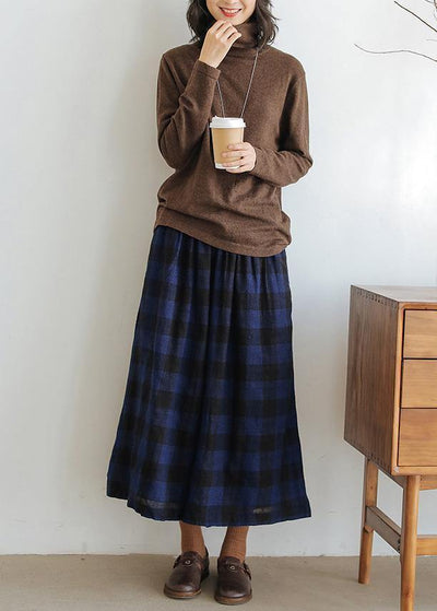 Handmade blue plaid pants plus size fall wide leg pants - SooLinen