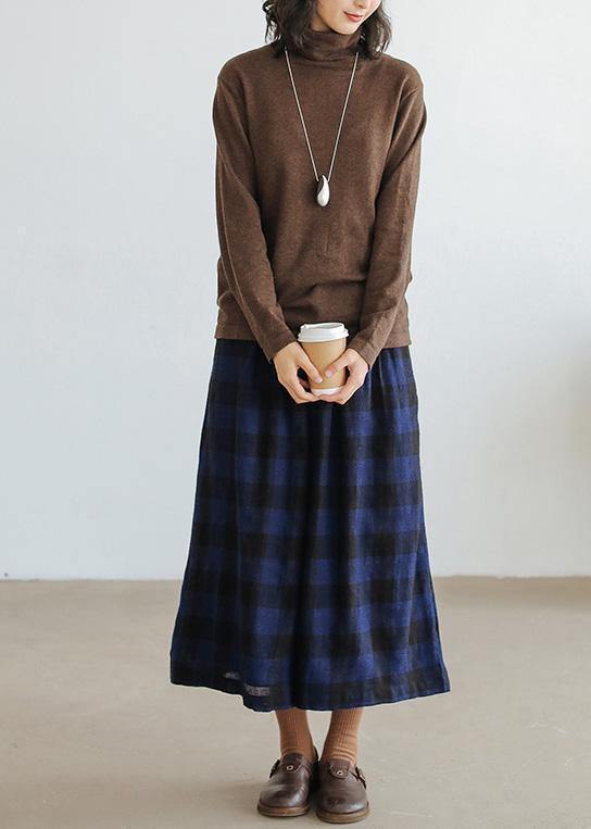 Handmade blue plaid pants plus size fall wide leg pants - SooLinen