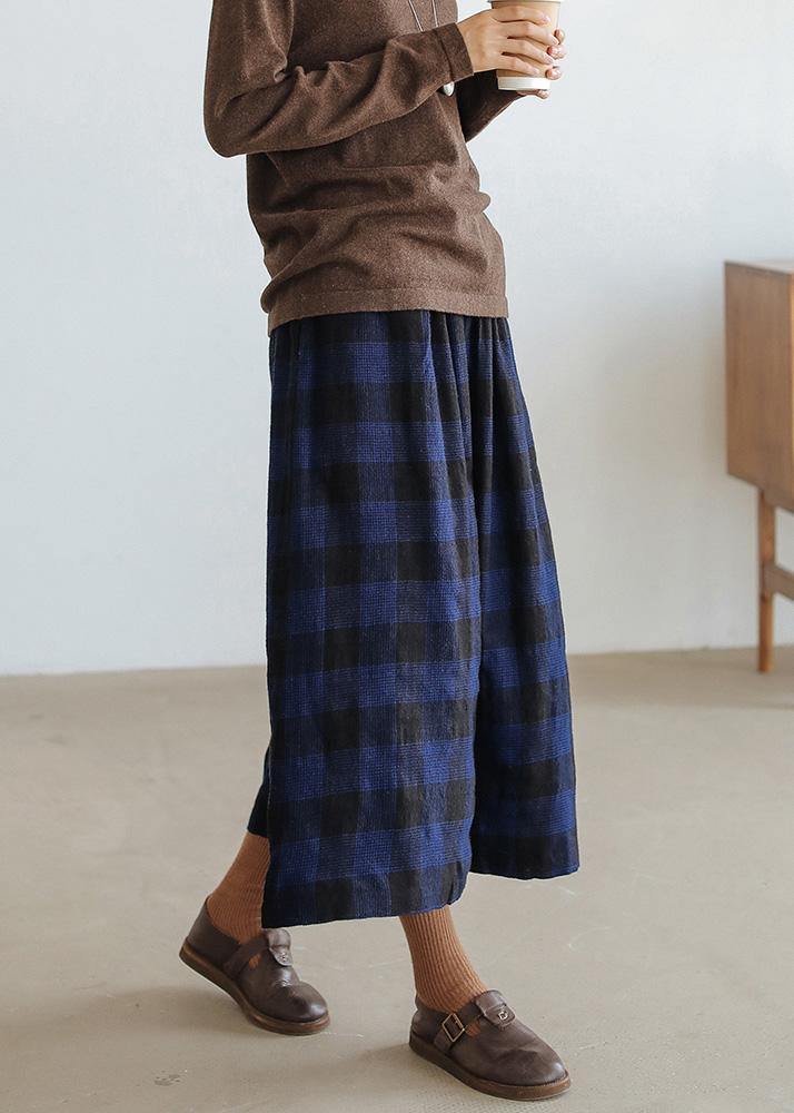 Handmade blue plaid pants plus size fall wide leg pants - SooLinen