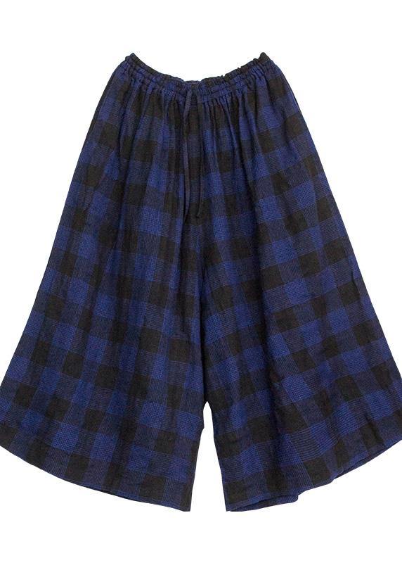 Handmade blue plaid pants plus size fall wide leg pants - SooLinen