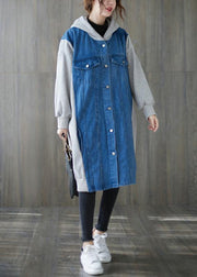 Handmade blue  tunics for women Tops hooded patchwork outwears - SooLinen