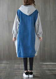 Handmade blue  tunics for women Tops hooded patchwork outwears - SooLinen