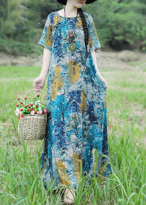 Handmade blue yellow floral cotton linen Outfits o neck Maxi Summer Dress - SooLinen