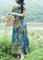 Handmade blue yellow floral cotton linen Outfits o neck Maxi Summer Dress - SooLinen