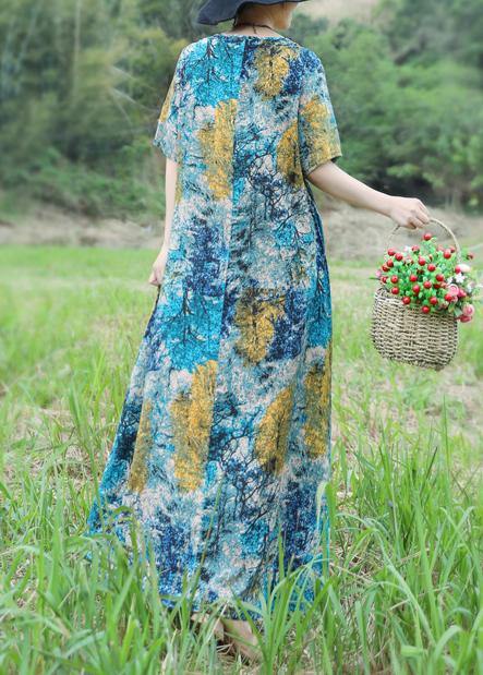 Handmade blue yellow floral cotton linen Outfits o neck Maxi Summer Dress - SooLinen