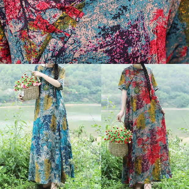 Handmade blue yellow floral cotton linen Outfits o neck Maxi Summer Dress - SooLinen