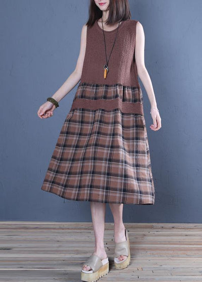 Handmade chocolate plaid linen dresses o neck patchwork Dress - SooLinen