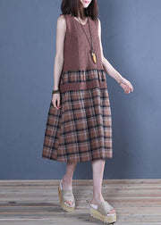 Handmade chocolate plaid linen dresses o neck patchwork Dress - SooLinen