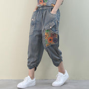 Handmade denim blue casual elastic waist patchwork Shape wide leg pants - SooLinen