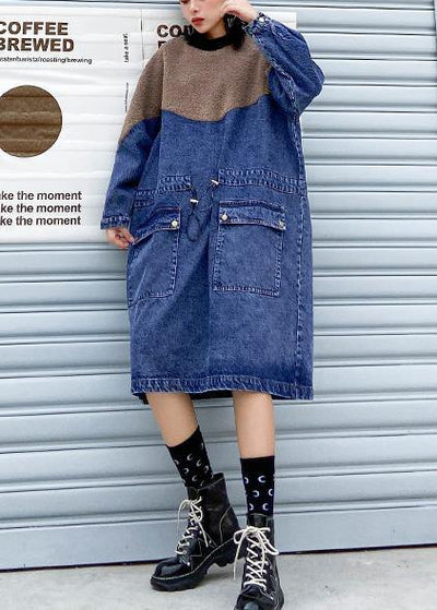 Handmade denim blue cotton quilting dresses drawstring long patchwork Dresses - SooLinen