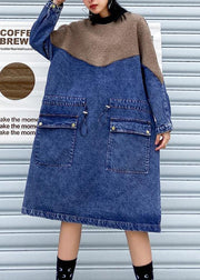 Handmade denim blue cotton quilting dresses drawstring long patchwork Dresses - SooLinen