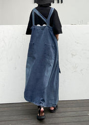 Handmade denim blue cotton sleeveless pockets cotton robes summer Dresses - SooLinen