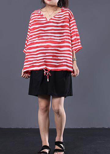 Handmade drawstring hem cotton tunics for women Sleeve red striped shirts summer - SooLinen