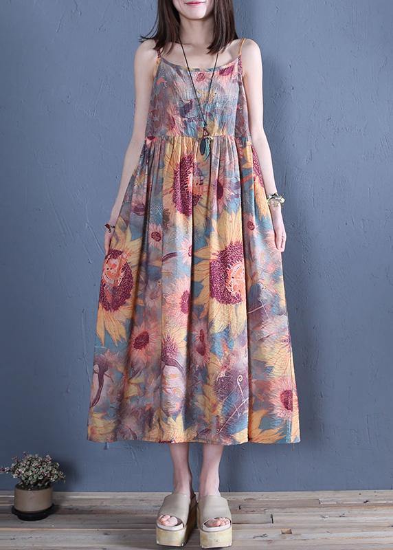 Handmade floral cotton Tunics Spaghetti Strap Cinched Traveling summer Dress - SooLinen