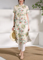 Handmade floral linen Long Shirts stand collar Button Down Midi Dresses - SooLinen