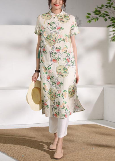 Handmade floral linen Long Shirts stand collar Button Down Midi Dresses - SooLinen