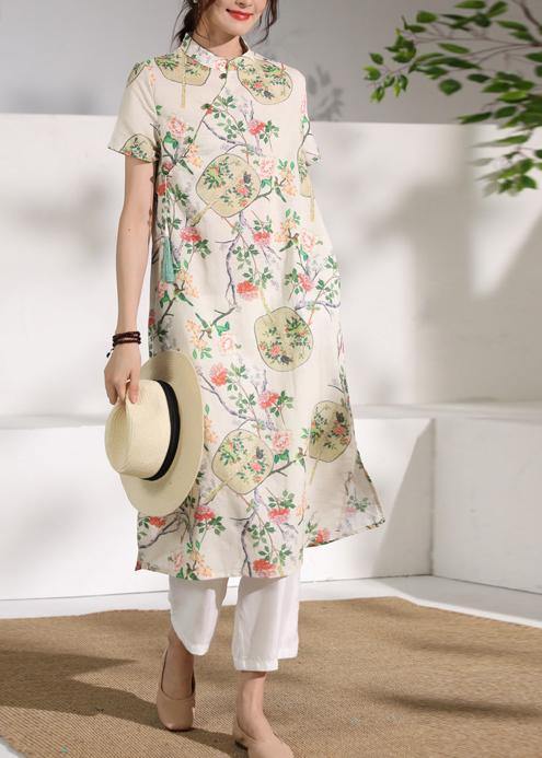 Handmade floral linen Long Shirts stand collar Button Down Midi Dresses - SooLinen