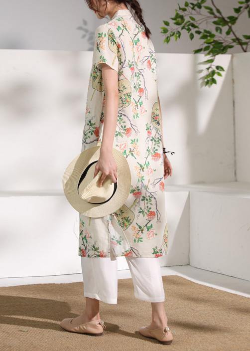 Handmade floral linen Long Shirts stand collar Button Down Midi Dresses - SooLinen