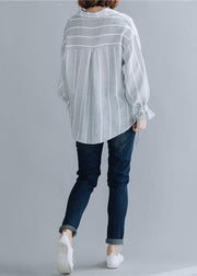 Handmade gray striped cotton Tunic lapel low high design Dresses fall blouses - SooLinen