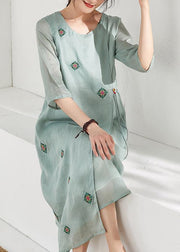 Handmade green linen clothes For Women o neck embroidery long  Dresses - SooLinen