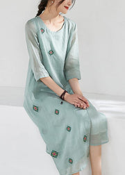 Handmade green linen clothes For Women o neck embroidery long  Dresses - SooLinen