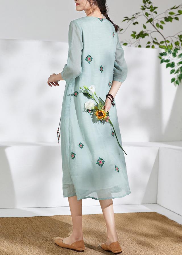 Handmade green linen clothes For Women o neck embroidery long  Dresses - SooLinen