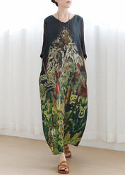 Handmade green print Robes v neck tie waist Maxi summer Dress - SooLinen