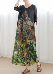 Handmade green print Robes v neck tie waist Maxi summer Dress - SooLinen