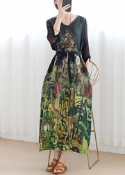 Handmade green print Robes v neck tie waist Maxi summer Dress - SooLinen