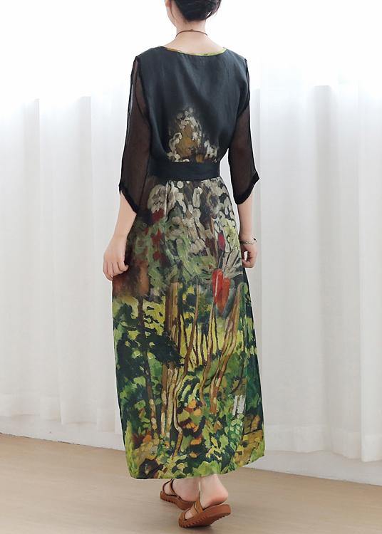 Handmade green print Robes v neck tie waist Maxi summer Dress - SooLinen