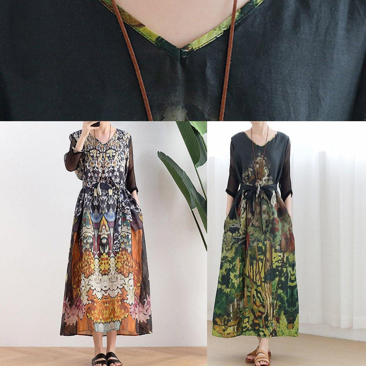 Handmade green print Robes v neck tie waist Maxi summer Dress - SooLinen