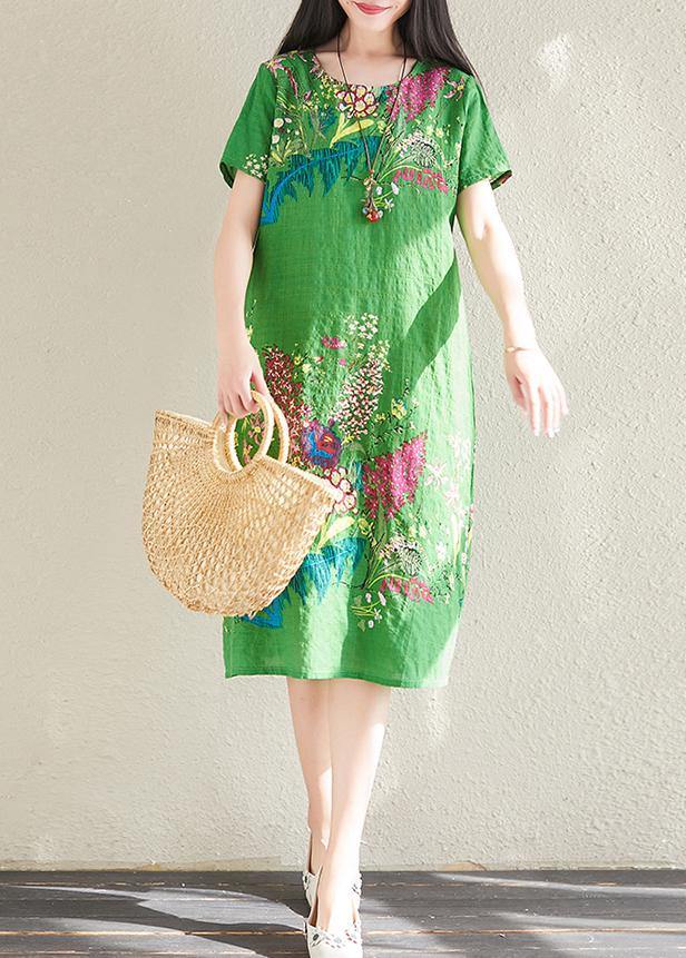 Handmade green prints linen cotton quilting clothes o neck tunic summer Dresses - SooLinen