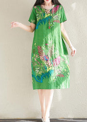 Handmade green prints linen cotton quilting clothes o neck tunic summer Dresses - SooLinen