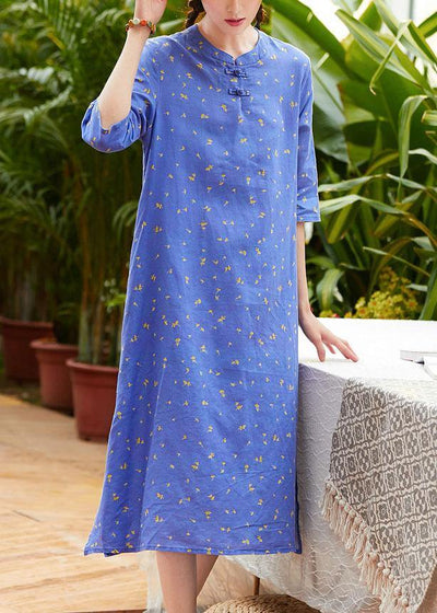 Handmade half sleeve o neck linen Wardrobes Outfits blue print Dress summer - SooLinen