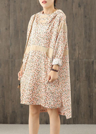 Handmade hooded patchwork dress Sleeve nude print Dresses - SooLinen