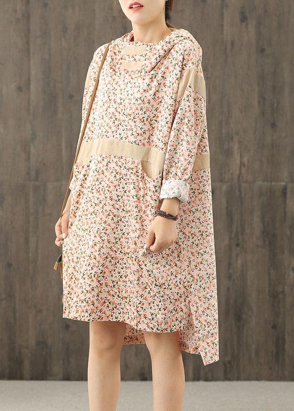 Handmade hooded patchwork dress Sleeve nude print Dresses - SooLinen