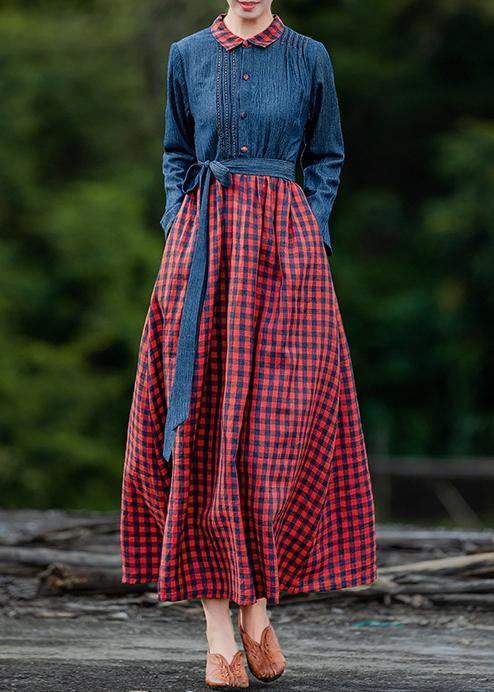 Handmade lapel spring clothes Neckline blue patchwork plaid Dresses - SooLinen