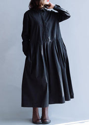 Handmade lapel Cinched dress black cotton Dresses fall - SooLinen