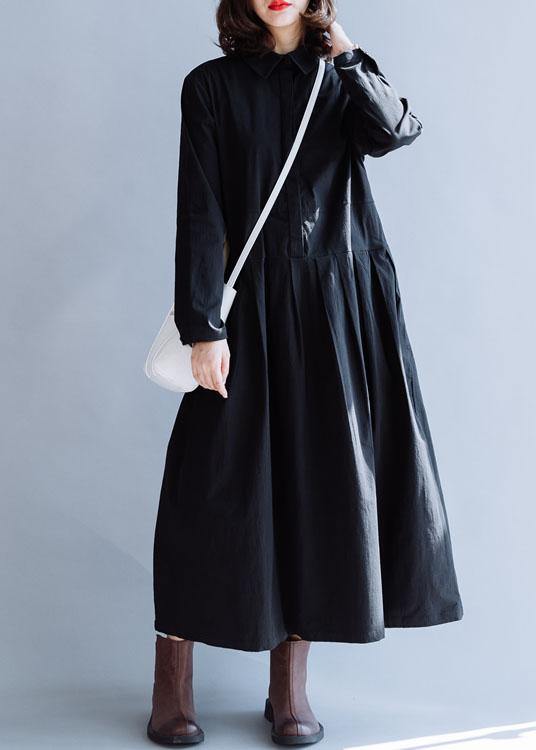 Handmade lapel Cinched dress black cotton Dresses fall - SooLinen